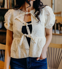 Load image into Gallery viewer, Tie Front Lace Peplum Blouse